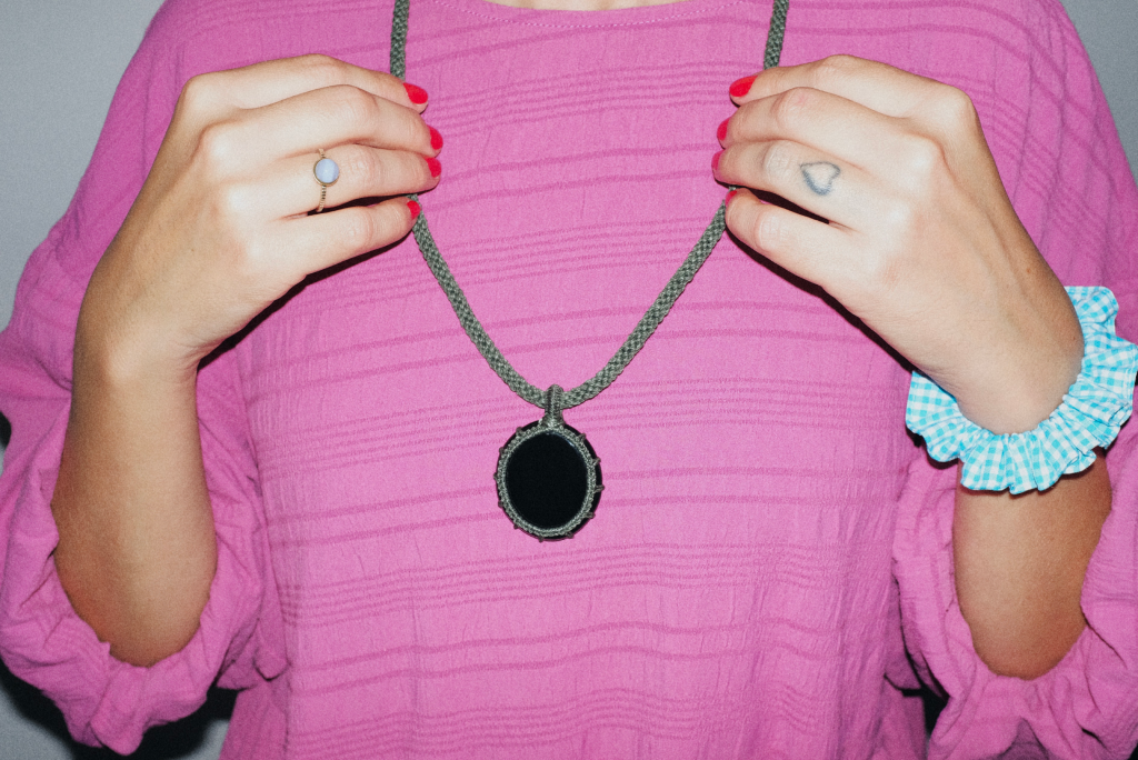 Obsidian crystal necklace green khaki cord
