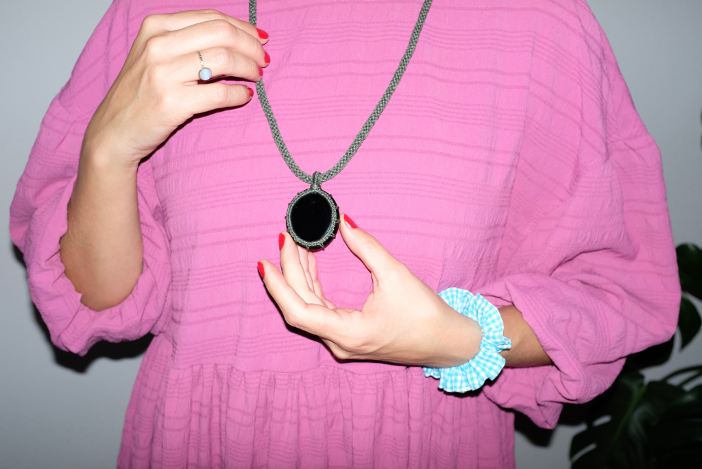 Obsidian crystal necklace green khaki cord